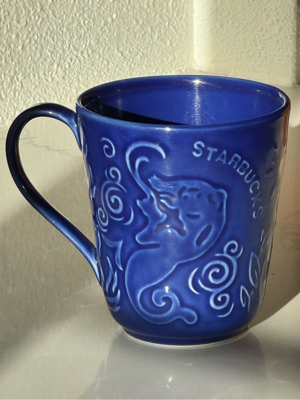 Vtg Starbucks Cobalt Blue Siren Sun Embossed Ceramic Mug